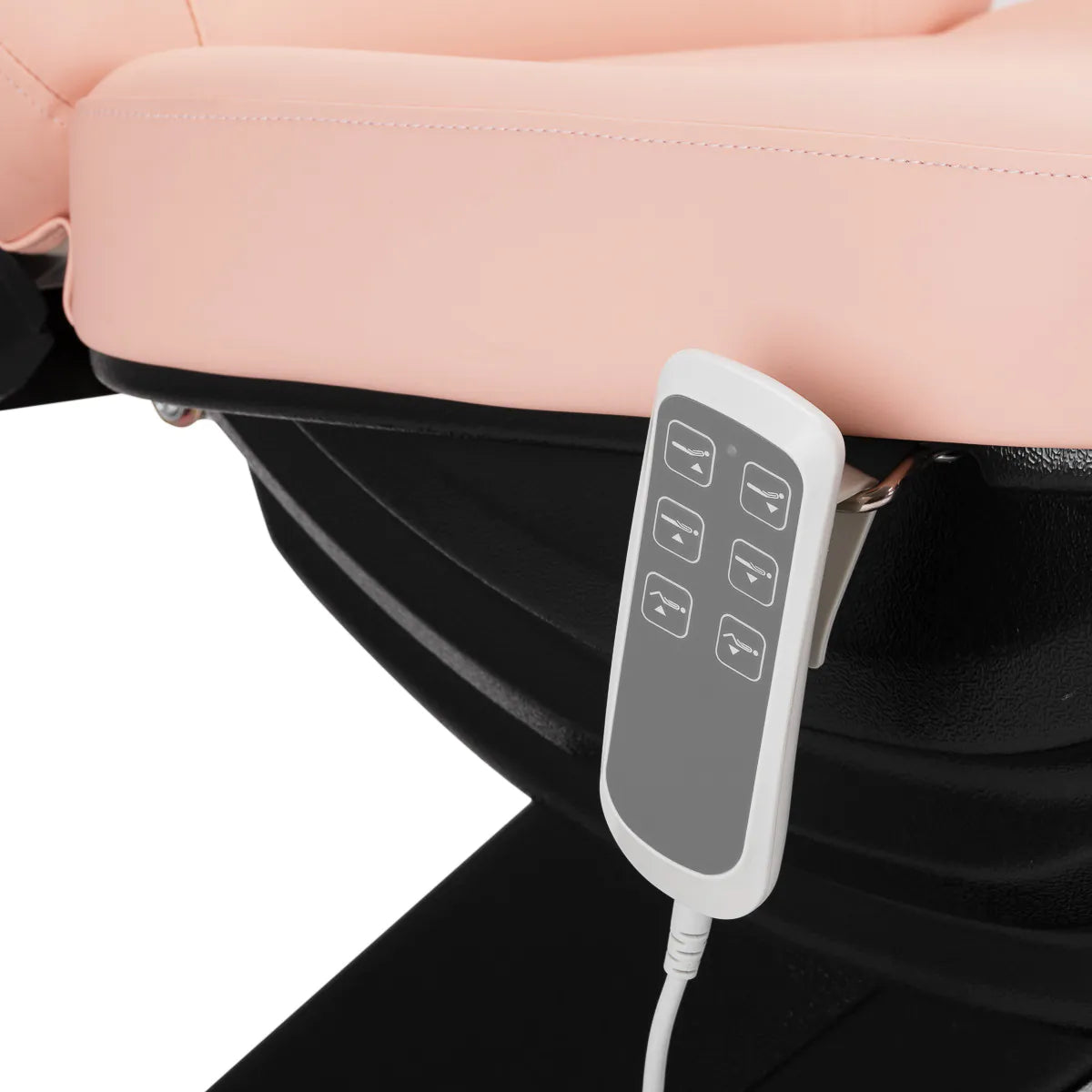 Close-up of the remote control for the Sillon Electric Cosmetic Chair Classic, featuring intuitive buttons for motorized adjustments.