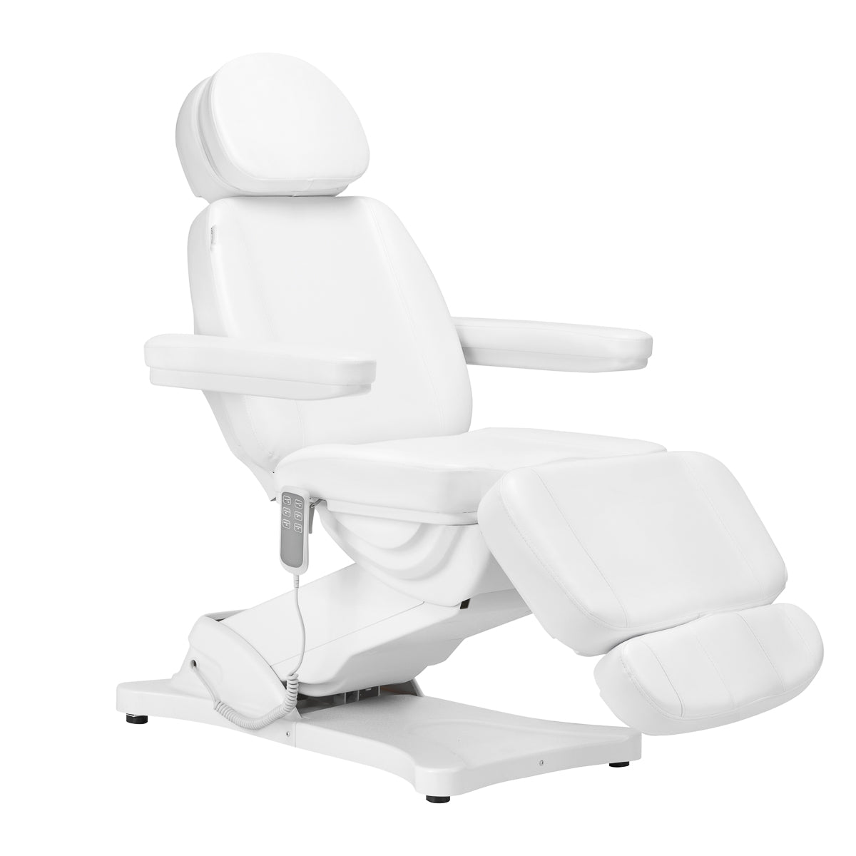 Sillon Classic 3-Motor Electric Beauty Bed White - close-up showing the headrest, upholstery and adjustment controls