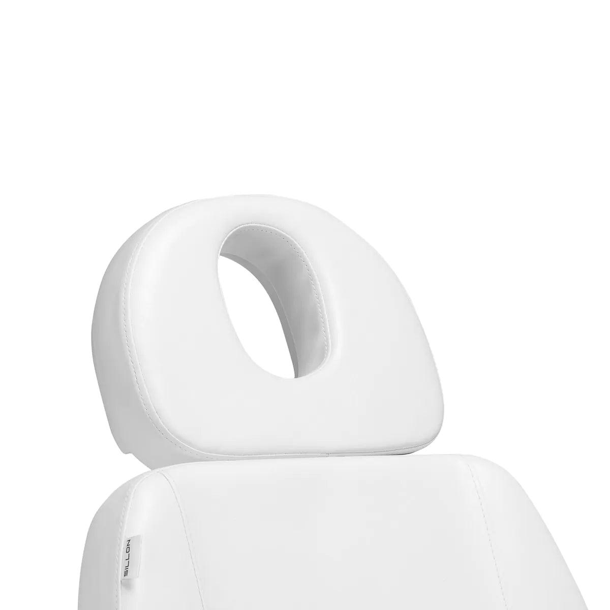 Sillon Classic Heated 3-Motor Electric Beauty Bed White - close-up showing the headrest, upholstery and adjustment controls