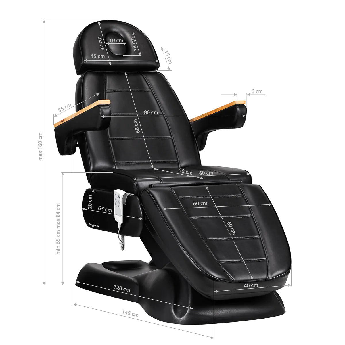 Sillon Lux 273B 3-Motor Electric Beauty Bed & 304 Stool Set Black - coordinated furniture pieces arranged on a white background