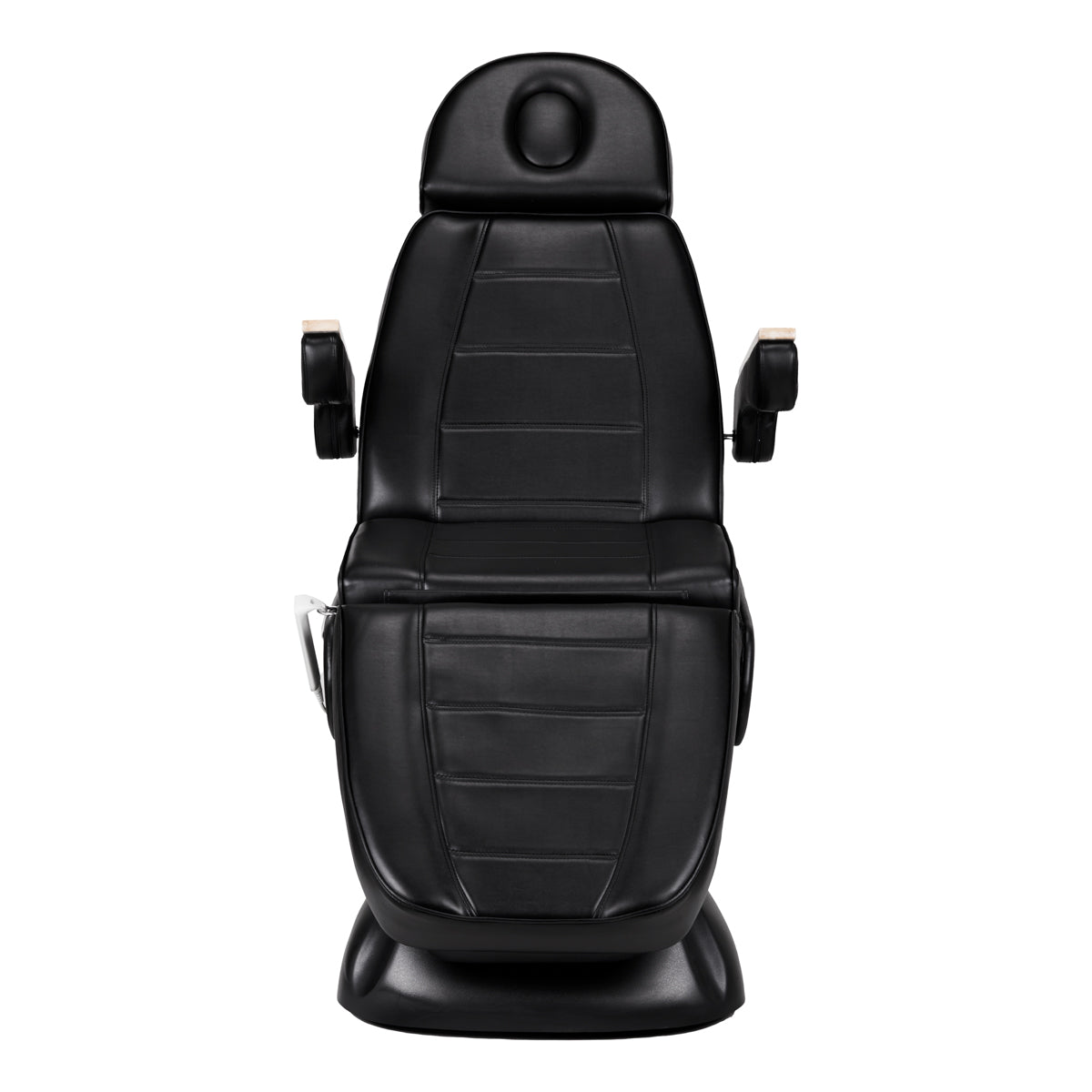 Sillon Lux 273B 3-Motor Electric Beauty Bed Black - close-up showing the headrest, upholstery and adjustment controls