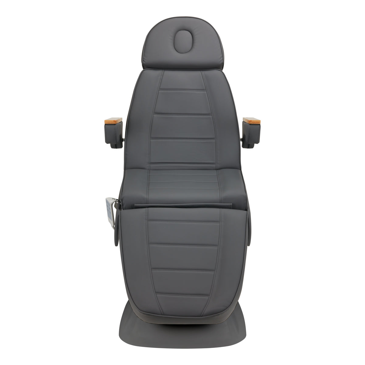 Sillon Lux 273B 3-Motor Electric Beauty Bed Grey - close-up showing the headrest, upholstery and adjustment controls