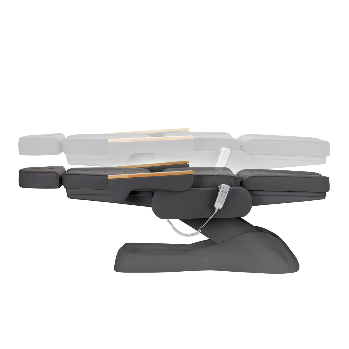 Sillon Lux 273B 3-Motor Electric Beauty Bed Grey - close-up showing the headrest, upholstery and adjustment controls