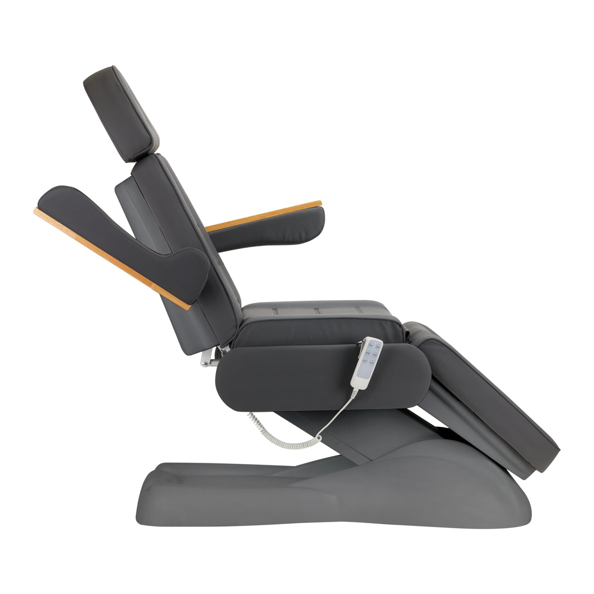 Sillon Lux 273B 3-Motor Electric Beauty Bed Grey - close-up showing the headrest, upholstery and adjustment controls