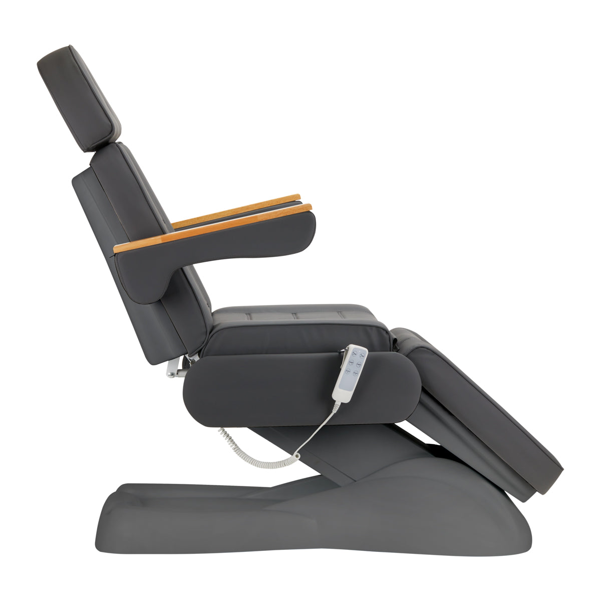 Sillon Lux 273B 3-Motor Electric Beauty Bed Grey - close-up showing the headrest, upholstery and adjustment controls