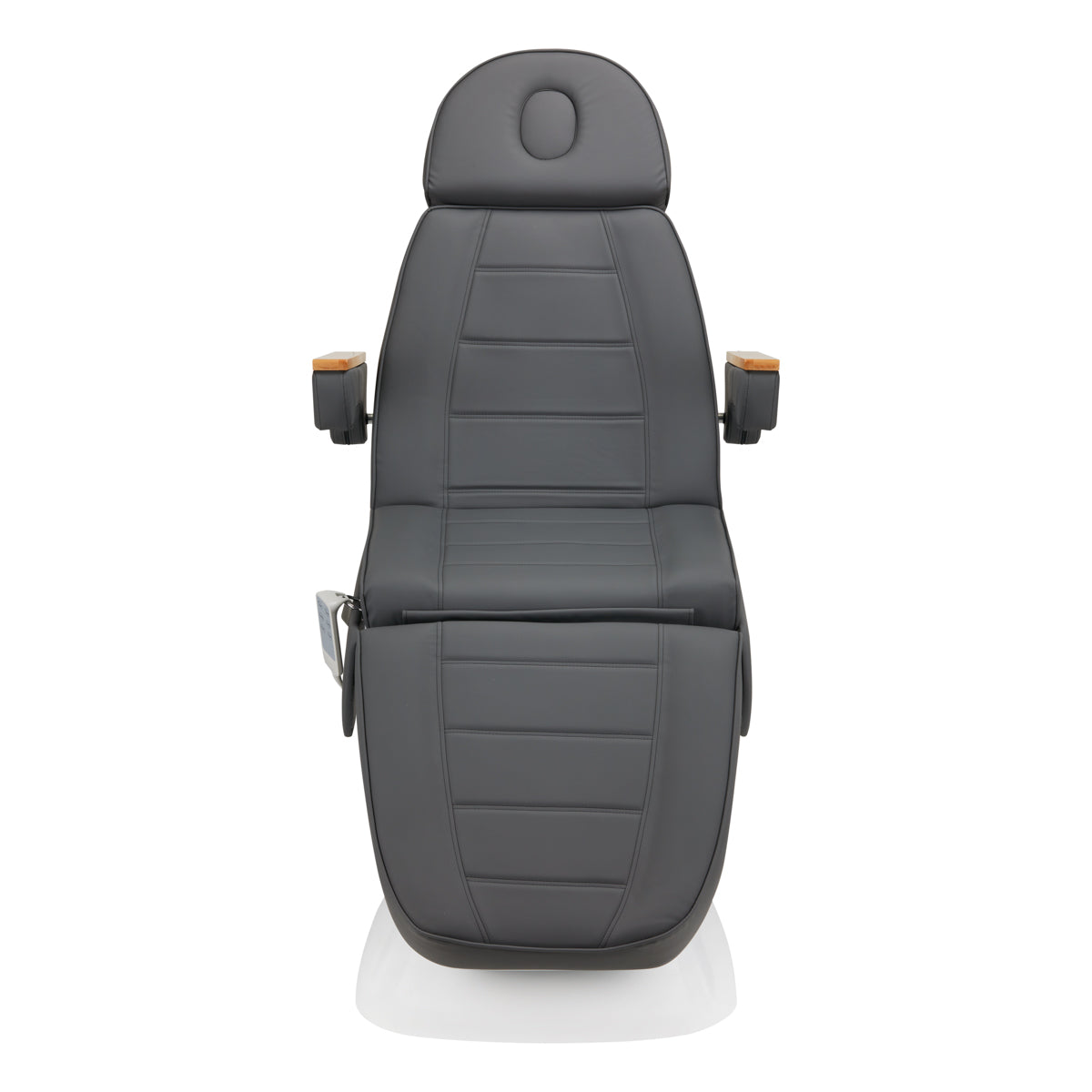 Sillon Lux 273B 3-Motor Electric Beauty Bed Grey With White Base - close-up showing the headrest, upholstery and adjustment controls