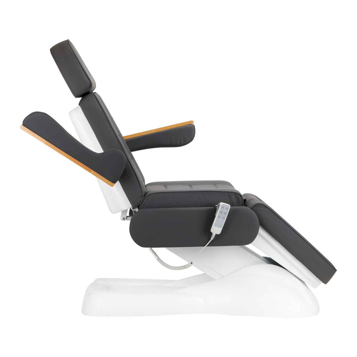 Sillon Lux 273B 3-Motor Electric Beauty Bed Grey With White Base - close-up showing the headrest, upholstery and adjustment controls
