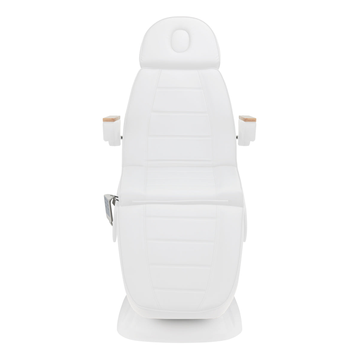Sillon Lux 273B 3-Motor Electric Beauty Bed White - close-up showing the headrest, upholstery and adjustment controls