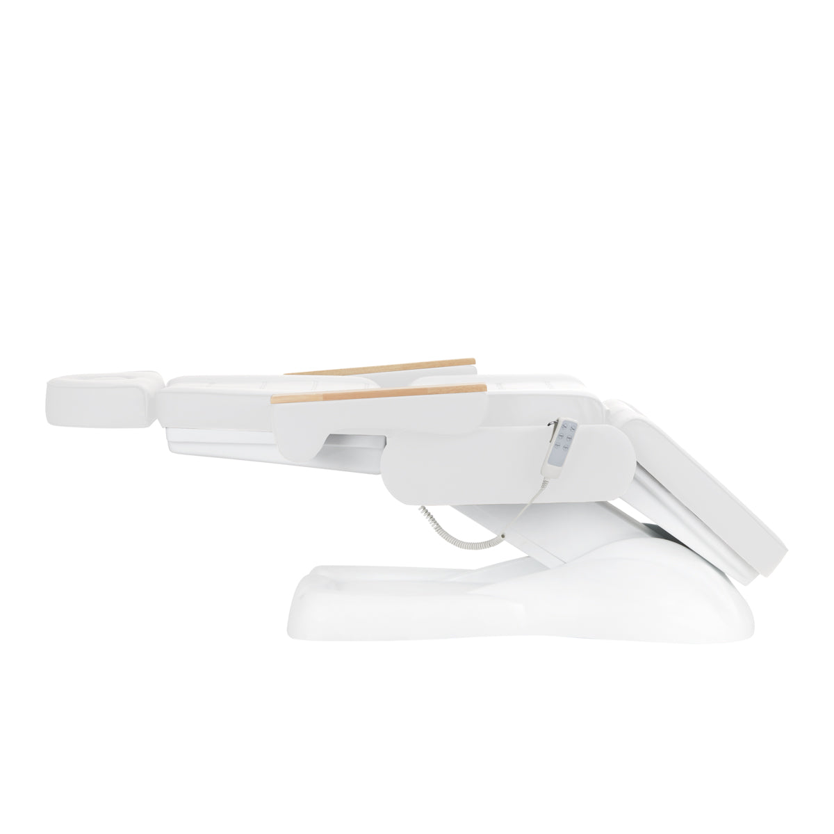 Sillon Lux 273B 3-Motor Electric Beauty Bed White - close-up showing the headrest, upholstery and adjustment controls