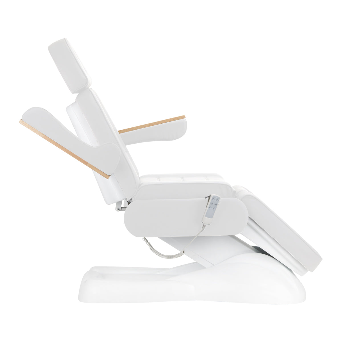 Sillon Lux 273B 3-Motor Electric Beauty Bed White - close-up showing the headrest, upholstery and adjustment controls