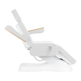 Sillon Lux 273B 3-Motor Electric Beauty Bed White - close-up showing the headrest, upholstery and adjustment controls