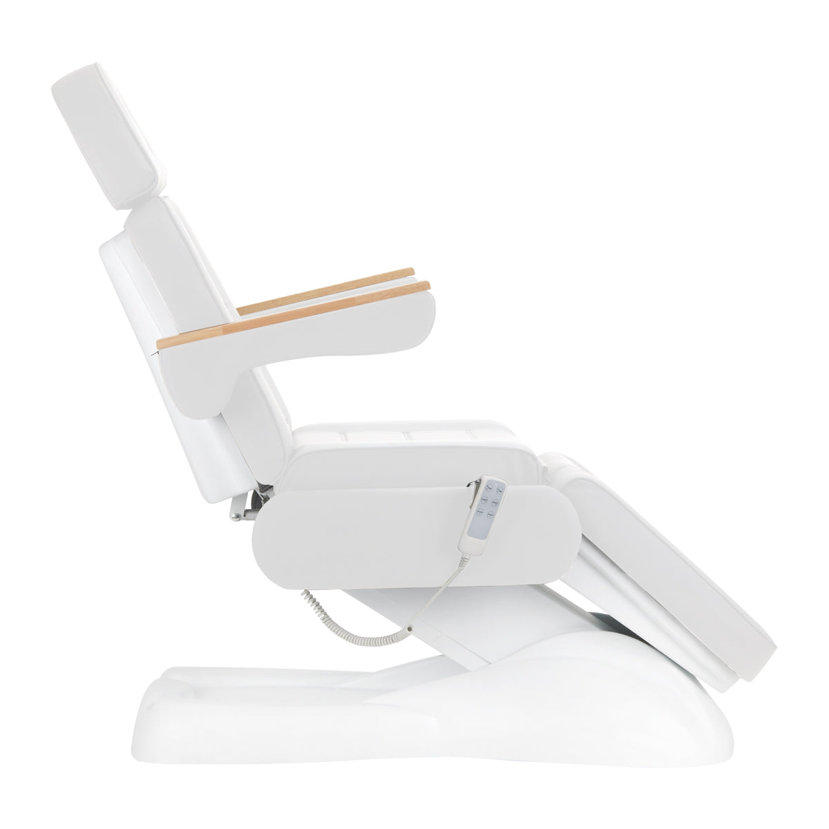 Sillon Lux 273B 3-Motor Electric Beauty Bed White - close-up showing the headrest, upholstery and adjustment controls