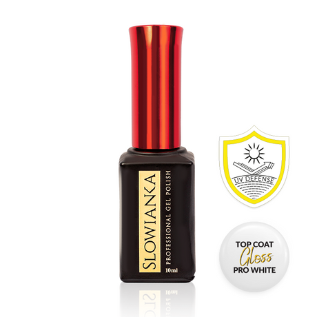 Slowianka Top Coat Gloss Pro White Defense - product and colour sample arranged on a white background