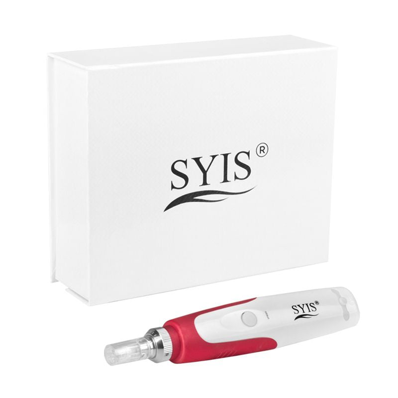 Syis 03 Microneedling Pen White & Red - microneedling pen with tips and accessories arranged on a white background
