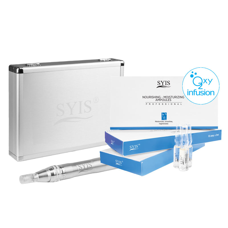 Syis 05 Silver Microneedling Pen With Syis Cosmetics - microneedling pen with tips and accessories arranged on a white background