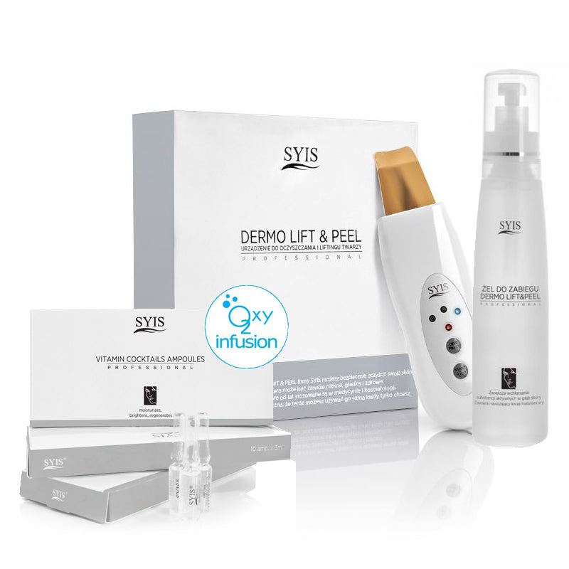 Syis Dermo Lift & Peel Gold Skin Scrubber With Syis Cosmetics - arranged with the included components on a white background
