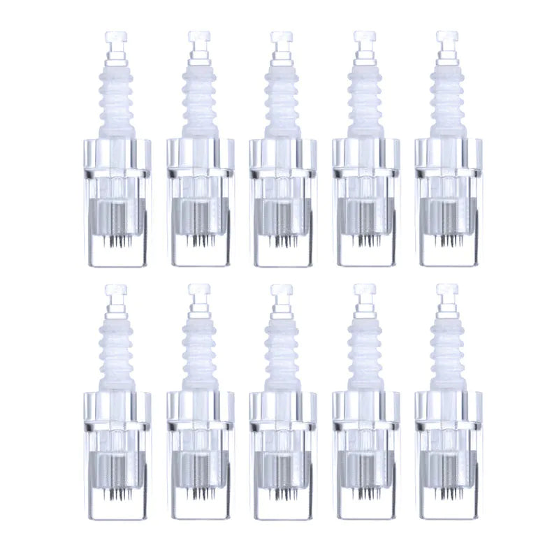 Syis Microneedling Pen Replacement Cartridges 12-Pin - 10 Pack - arranged with the included components on a white background