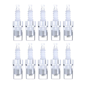 Syis Microneedling Pen Replacement Cartridges 12-Pin - 10 Pack - arranged with the included components on a white background