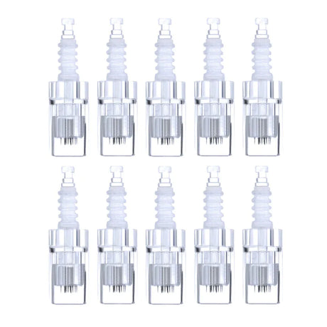 Syis Microneedling Pen Replacement Cartridges 12-Pin - 10 Pack - arranged with the included components on a white background