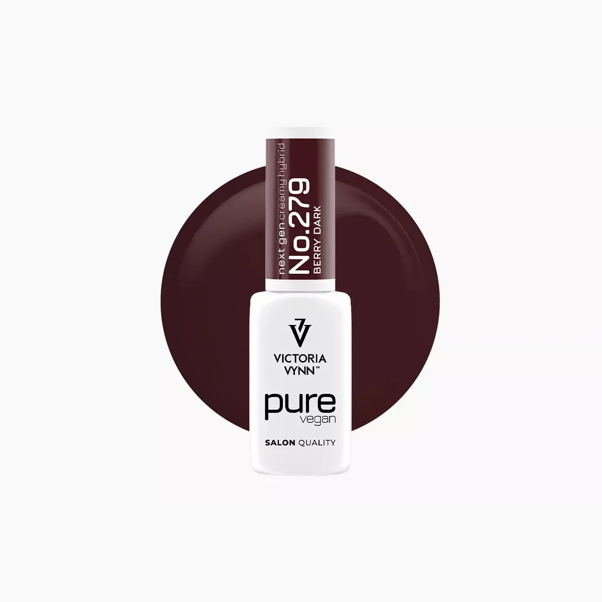 Victoria Vynn Pure Vegan Creamy Hybrid 279 Berry Dark gel polish bottle with smoky plum colour swatch