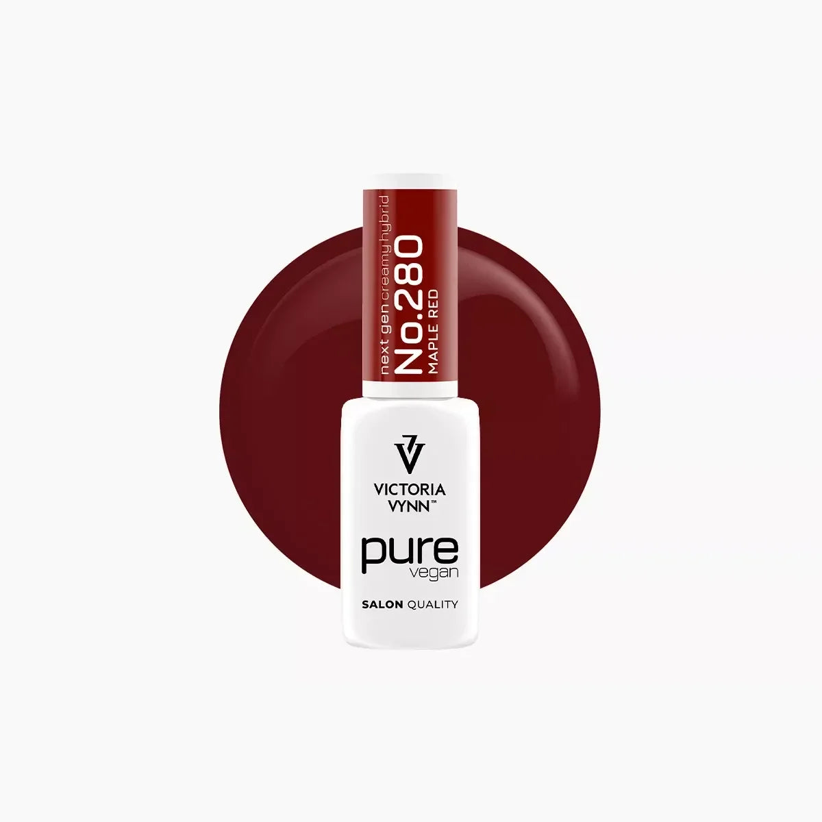 Victoria Vynn Pure Vegan Creamy Hybrid 280 Maple Red bottle with a glossy deep red colour swatch