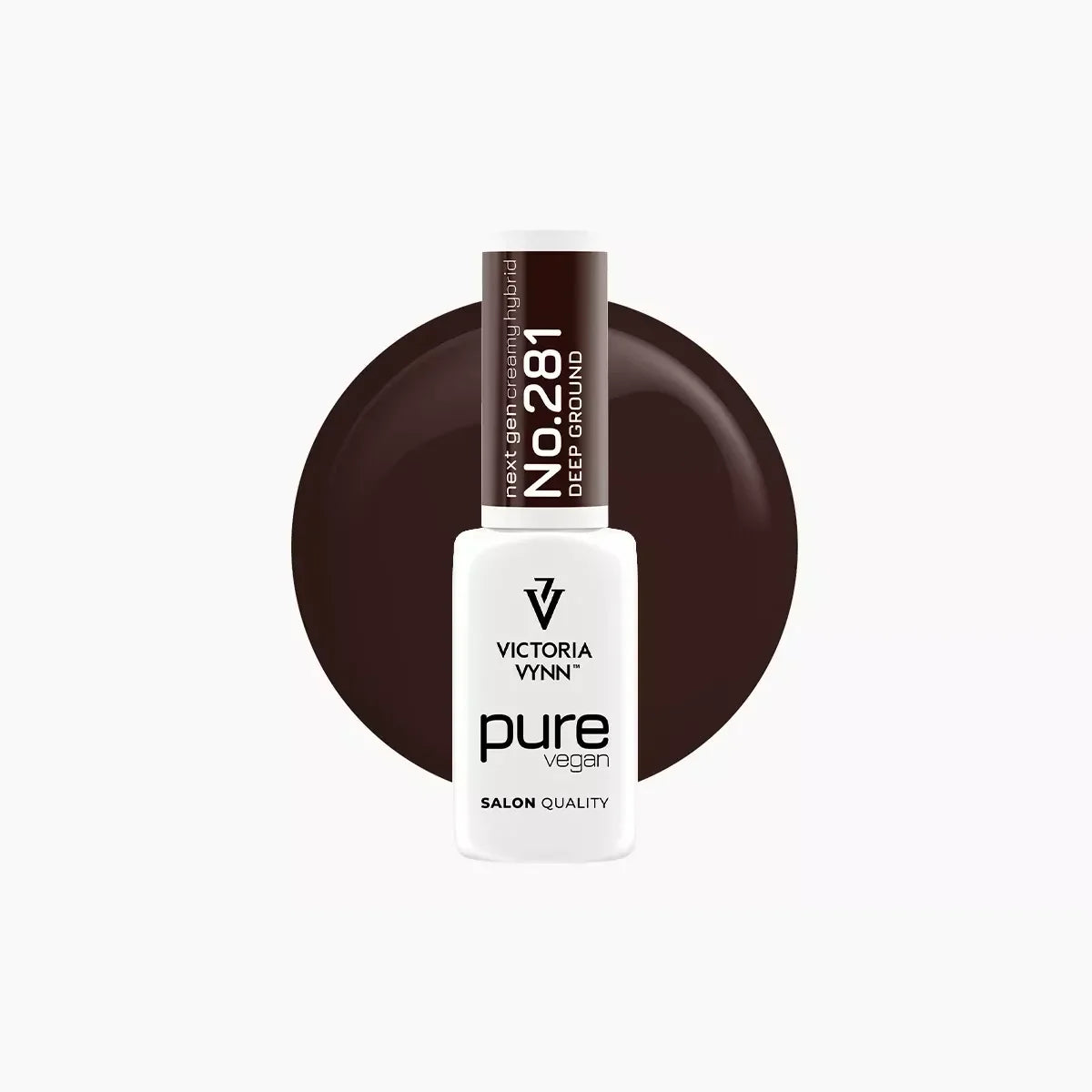 Victoria Vynn Pure Vegan 281 Deep Ground gel polish bottle with deep chocolate-brown colour swatch