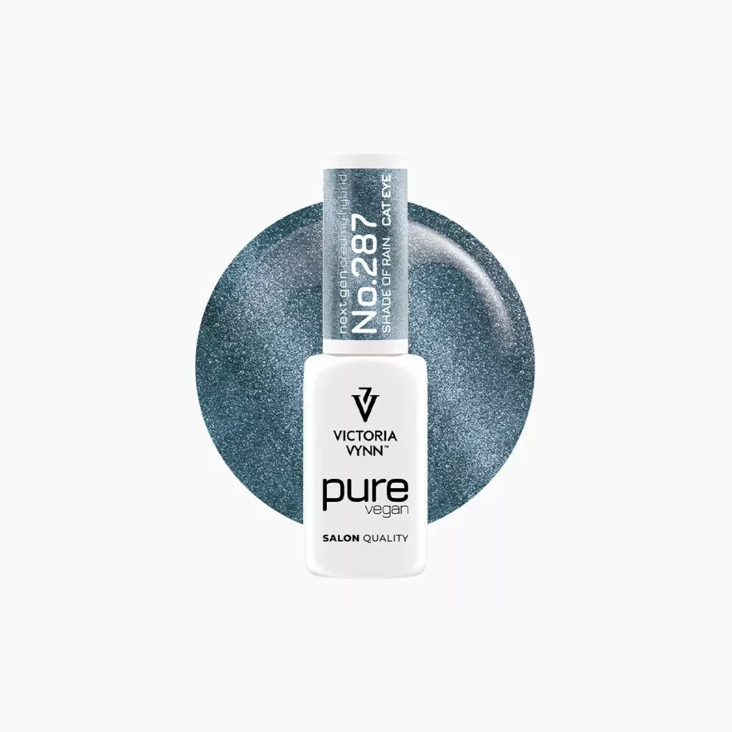 Victoria Vynn Pure Vegan 287 Shade of Rain Cat Eye gel polish bottle with blue-silver colour swatch