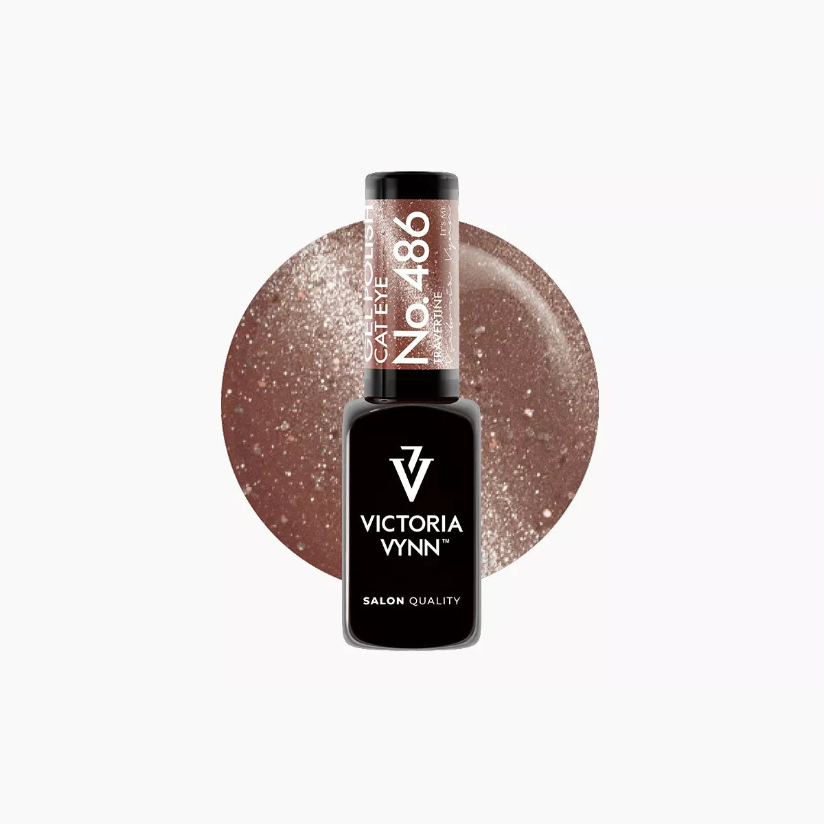 Victoria Vynn Gel Polish 486 Cat Eye Travertine bottle with warm brown-beige magnetic polish swatch