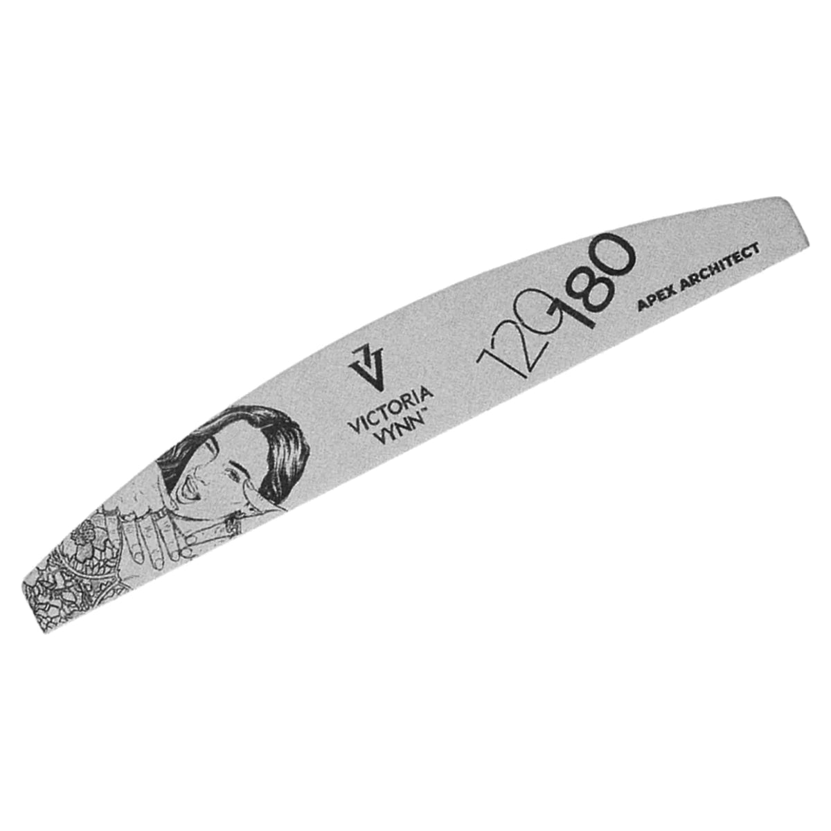 Close-up of a single Victoria Vynn Apex Architect 120/180 crescent nail file on a white background