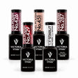 Five Victoria Vynn 8ml bottles on white: gel polishes 426 Mocha Éclair, 451 Caramel Macchiato, 287 Brown Meander, 429 Cherry Lady and Starlit Silver top coat.