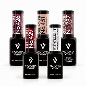 Five Victoria Vynn 8ml bottles on white: gel polishes 426 Mocha Éclair, 451 Caramel Macchiato, 287 Brown Meander, 429 Cherry Lady and Starlit Silver top coat.