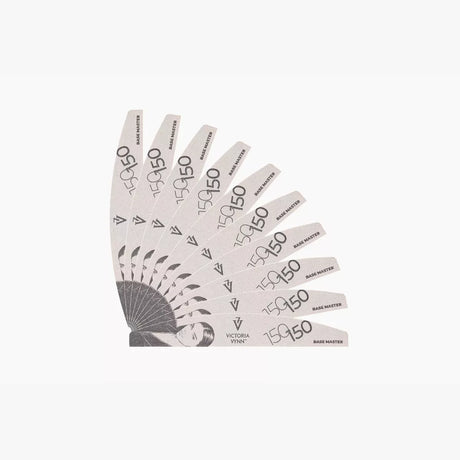 Ten Victoria Vynn Base Master 150/150 crescent nail files arranged as a fan