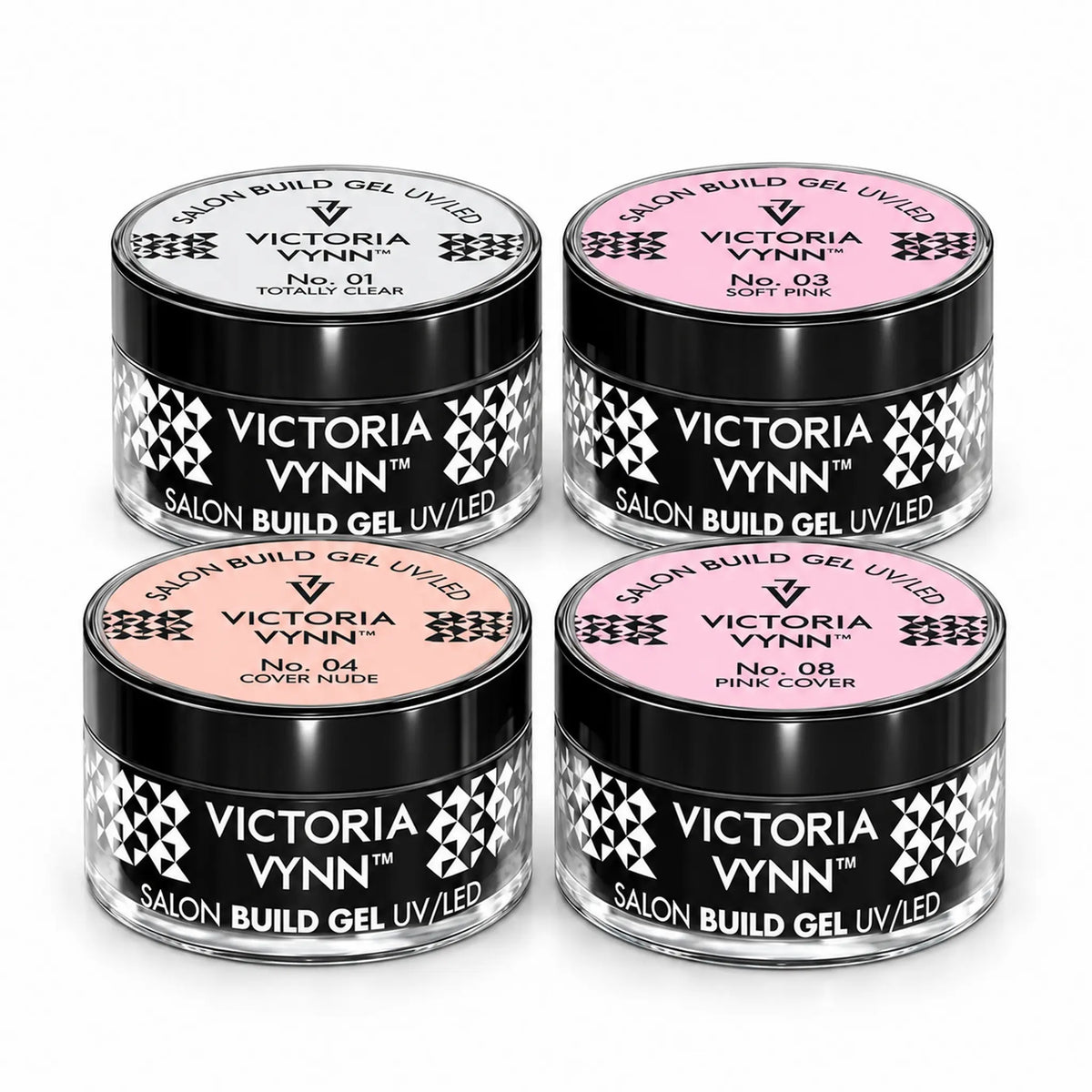 Four Victoria Vynn Builder Gel jars: 01 Totally Clear, 03 Soft Pink, 04 Cover Nude and 08 Cover Pink.