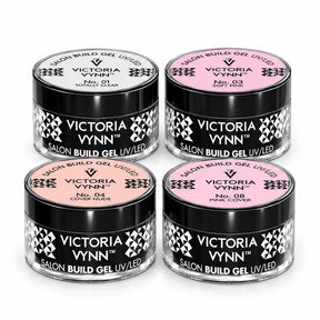 Four Victoria Vynn Builder Gel jars: 01 Totally Clear, 03 Soft Pink, 04 Cover Nude and 08 Cover Pink.