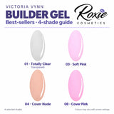 Victoria Vynn Builder Gel swatches labelled 01 Totally Clear, 03 Soft Pink, 04 Cover Nude and 08 Cover Pink.
