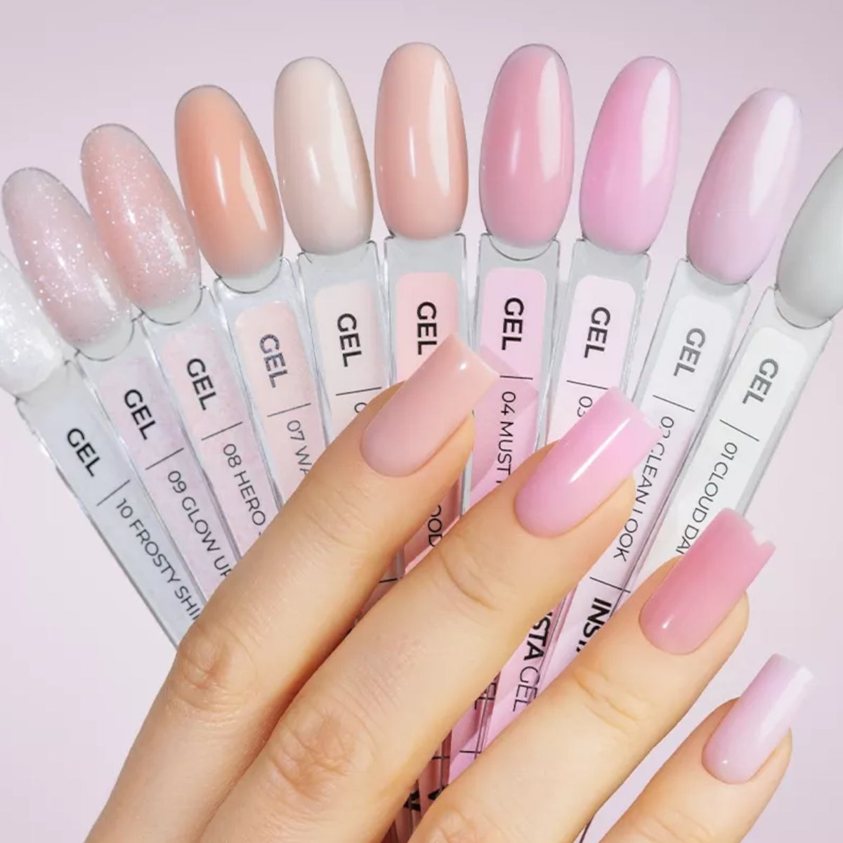 Victoria Vynn Insta Gel 02 Clean Look Self-Leveling Builder Gel - shade swatches shown beside the product