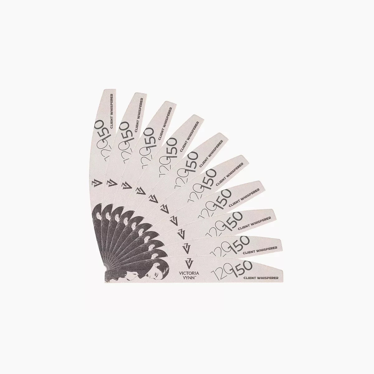 Fan arrangement of 10 Victoria Vynn Client Whisperer crescent nail files with 120/150 grit