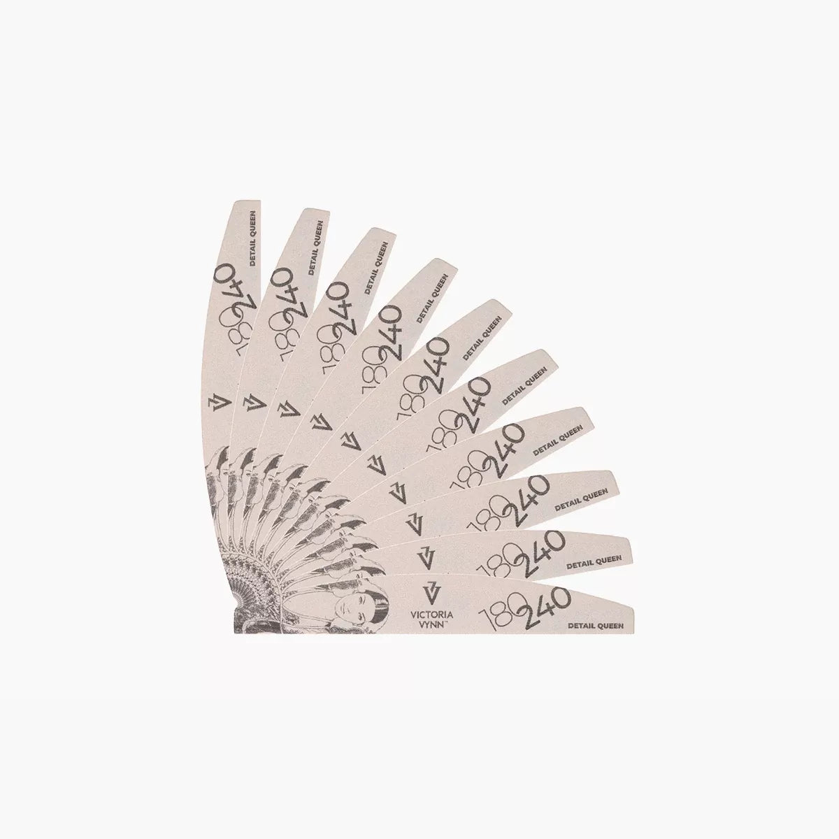 Ten Victoria Vynn Detail Queen 180/240 crescent nail files arranged in a fan