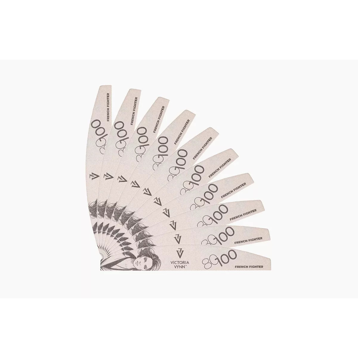 Fan arrangement showing the pack of ten Victoria Vynn French Fighter 80/100 crescent nail files