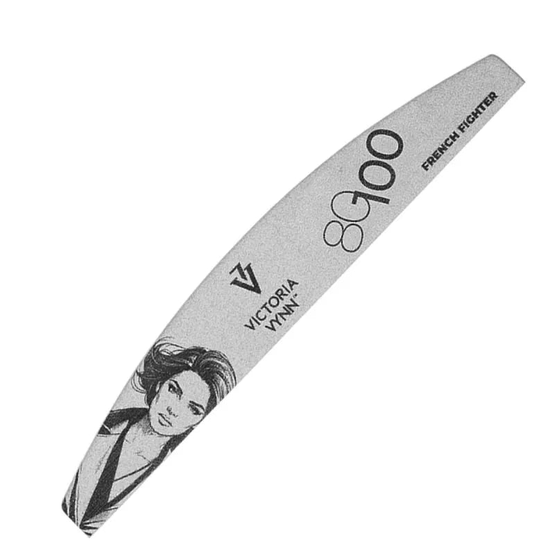 Single Victoria Vynn French Fighter crescent nail file with 80/100 grit on a light background