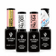 Four Victoria Vynn 8ml bottles on white: Mega Base Cover Natural, gel polish 001 Flawless White, 164 Subtle Chiffon and OH! My Gloss top coat.