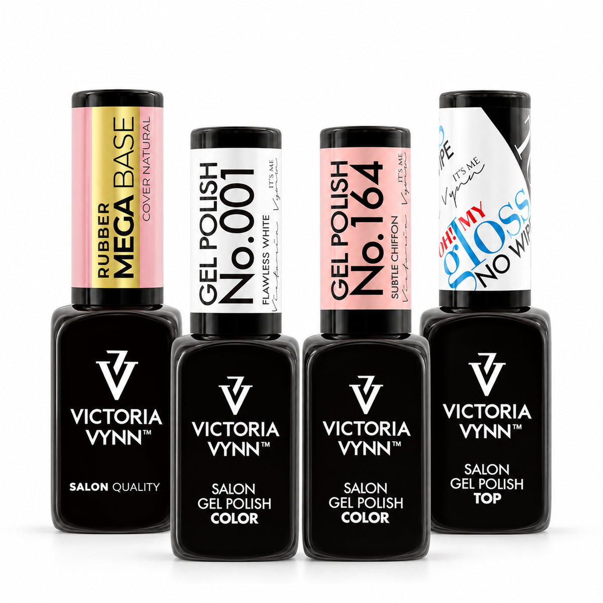 Four Victoria Vynn 8ml bottles on white: Mega Base Cover Natural, gel polish 001 Flawless White, 164 Subtle Chiffon and OH! My Gloss top coat.