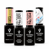 Four Victoria Vynn 8ml bottles on white: Mega Base Cover Natural, gel polish 001 Flawless White, 164 Subtle Chiffon and OH! My Gloss top coat.