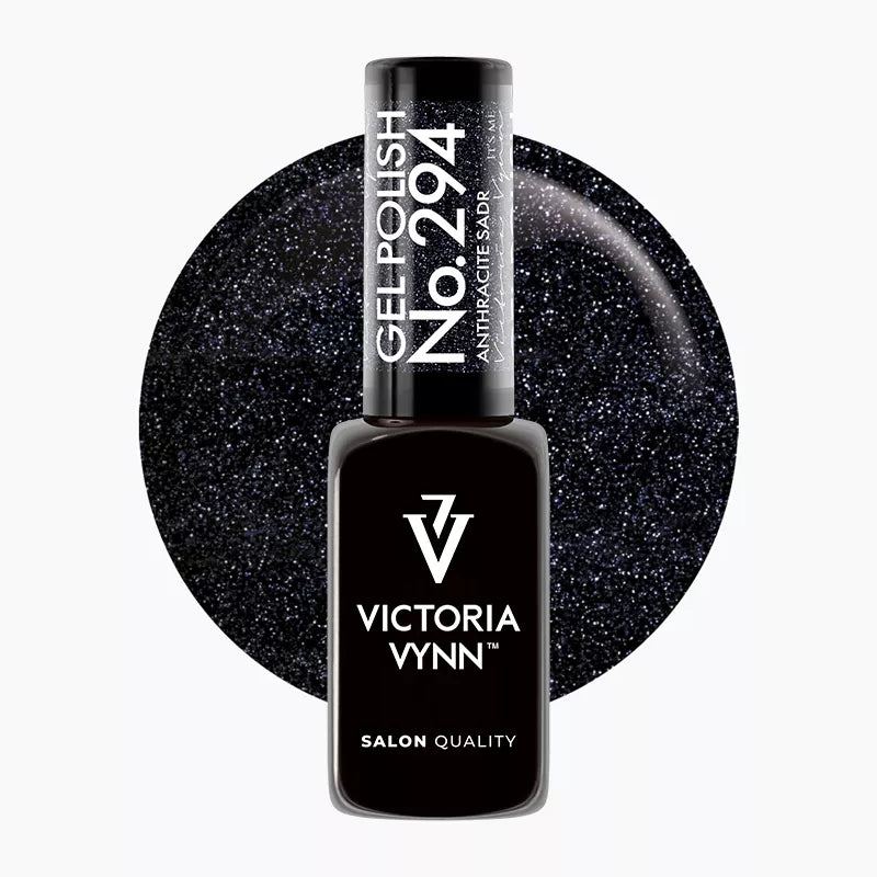 Victoria Vynn GEL POLISH 294 Anthracite Sadr 8ml bottle with black glitter colour sample