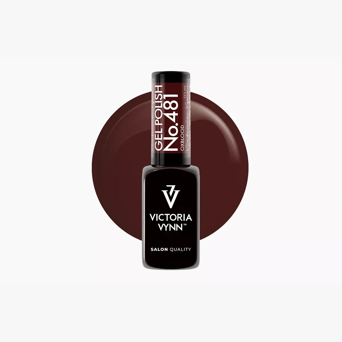 Victoria Vynn GEL POLISH bottle in shade 481 Oxblood against a burgundy colour swatch.