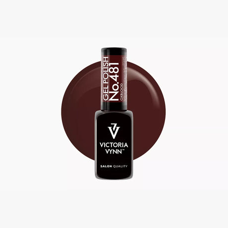 Victoria Vynn GEL POLISH bottle in shade 481 Oxblood against a burgundy colour swatch.