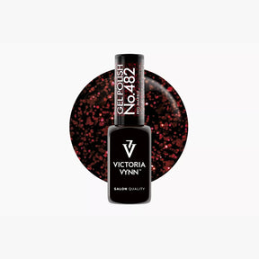 Victoria Vynn Gel Polish 482 Red Marble bottle with ruby-red glitter shade background