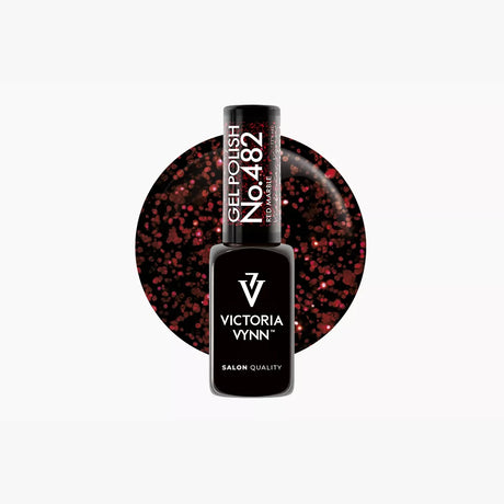 Victoria Vynn Gel Polish 482 Red Marble bottle with ruby-red glitter shade background