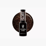 Victoria Vynn Gel Polish 483 Gilded Ebony bottle with a close-up of the deep brown shade and fine gold glitter