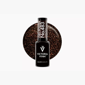 Victoria Vynn Gel Polish 483 Gilded Ebony bottle with a close-up of the deep brown shade and fine gold glitter